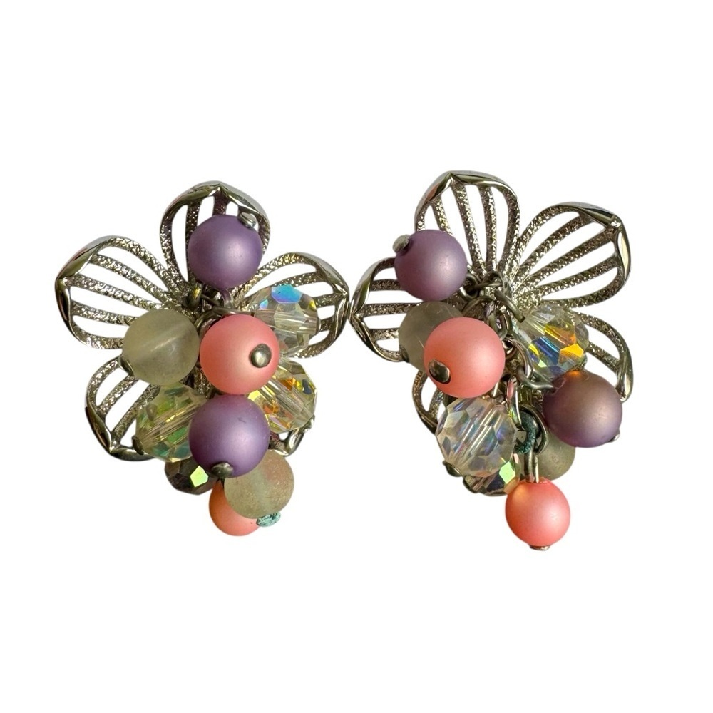 Vintage Parklane Clip-On Earrings Flower Floral Beaded Silver Pink‎ Lavender